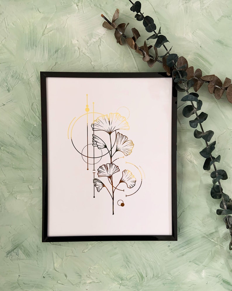 Geometric Ginkgo Foiled Print Hand-drawn Floral Botanical Illustration image 3