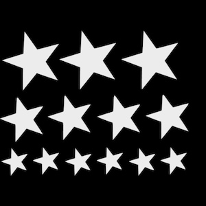 Könnte beinhalten: Ein schwarzer Hintergrund mit 12 weißen Sternen unterschiedlicher Größe, die in drei Reihen angeordnet sind. Die Sterne sind alle fünfzackig und haben ein schlichtes, klassisches Design.