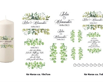 Kerzentattoos Hochzeit 3 Floral Grün Blumenranke Datum individuell Motiv Wasserschiebefolie Kerzen dekorieren Herz Hochzeitskerze