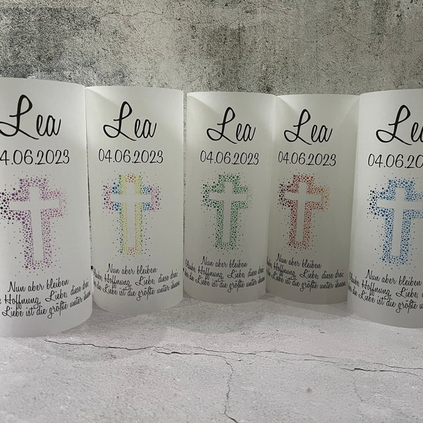 5 x Lichthüllen Kreuz Taufe Konfirmation Kommunion Firmung - individualisiert mit Namen und Datum Windlichter Deko Tischdeko