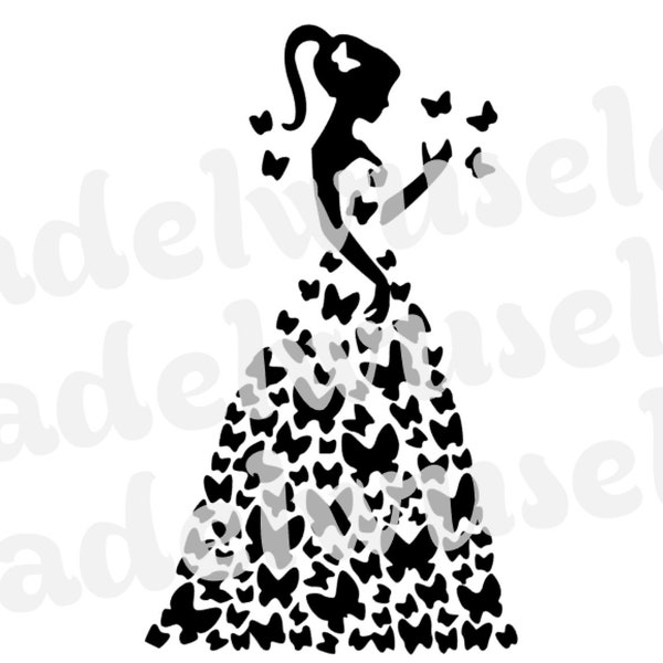 Plottervorlage Schmetterling Mädchen Schmetterlinge Prinzessin Kleid zauberhaft Plotterdatei SVG, PNG, PDF