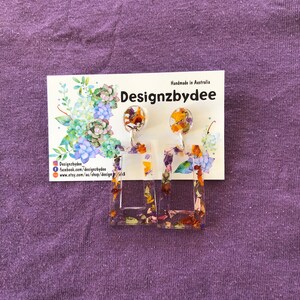 Handmade Glitter and pressed flower resin rectangle dangle stud earrings
