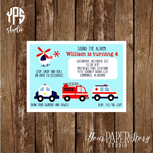 Emergency Vehicles Birthday Party Set Editable Invitation Etsy