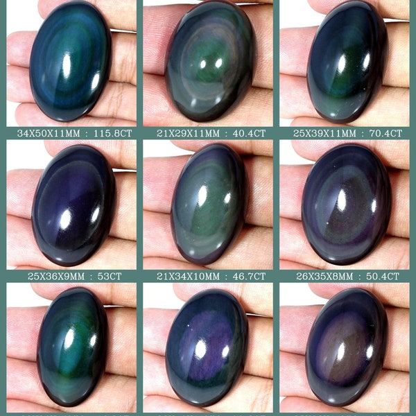 Natural Rainbow Eye Obsidian Cabochon Loose Gemstone, Black Oval Obsidian Cabs, Obsidian Real Stone For Making Jewelry