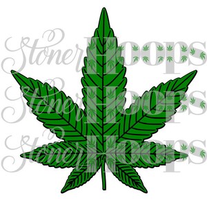 May include: A green marijuana leaf with a black outline. The leaf is made up of seven points and is filled with a pattern of smaller green marijuana leaves.