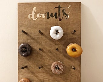 Wedding Donut Wall, Donut Stand For Wedding, Rustic Donut Holders, Donut Display, Donut Bar Wedding, Doughnut Wall, Dessert Bar For Weddings