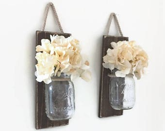 Rustic Mason Jar Sconces, Wood Mason Jar Wall Sconces, Rustic Mason Jar Sconce, Pair Of Sconces, Mason Jar Wall Sconce, Hanging Flowers Jar