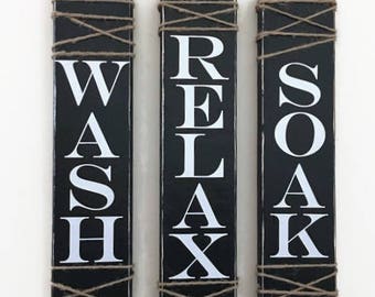 Rustic Bathroom Signs, Set Of Three, Rustic Bathroom Decor, Rustic Sign, Farmhouse Wall Decor, Wash Sign, Soak Sign, Wash Soak Relax Sign