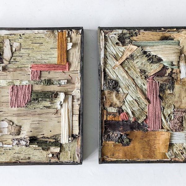 Diptych, Birch, Rock Art, Michigan Rocks, Bark, Abstract Art, Fiber art, Nature, Trees, Michigan, Michigan Art, Michigan birch, Embroidery