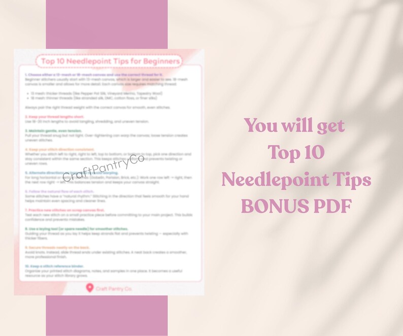 Modern needlepoint learning resource mockup, with four pastel pages titled “My Needlepoint Stitches” arranged in a loose stack. Each sheet includes colorful grid-based stitch examples, and a scalloped badge on the right shows the number “25 stitches.” A pink banner across the top reinforces the stitch count, presenting a friendly digital guide for beginner stitchers and craft teachers alike.