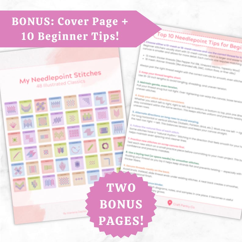 48 Needlepoint Stitch Visuals | Instant Download | 8 Stitch Pages + BONUS 10 Tips & BONUS Cover Page!