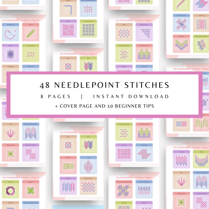 48 Needlepoint Stitch Guides | Printable Download | +BONUS 10 Tips for Starters & BONUS Cover Page!