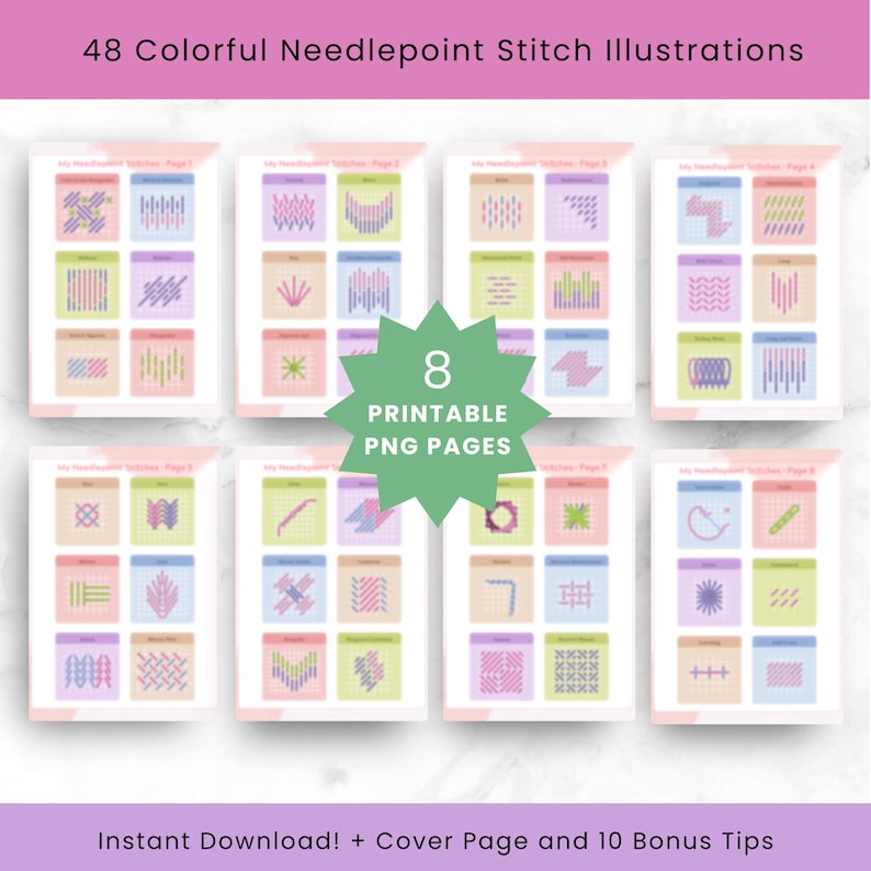 48 Needlepoint Stitch Guides | Instant Download | +BONUS 10 Tips for Starters & BONUS Cover Page!