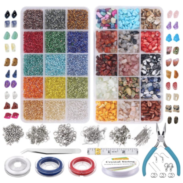 Jewelry Making Kit Stone Beads Gemstone Beads Glass Bugle Seed Beads Kit Elastic String Plier Lobster Clasps Jump Ring DIY Bracelet