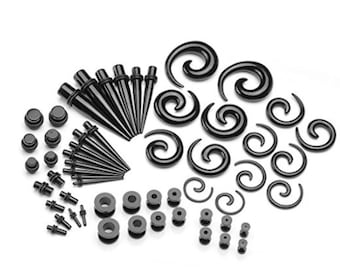 Gauges Kit Black Spiral Tapers and Plugs 14G-00G Stretching Kit 54 Pieces Ear Gauge Kit Plugs Spots Gauges Set Ear Stretching jewelry O-Ring