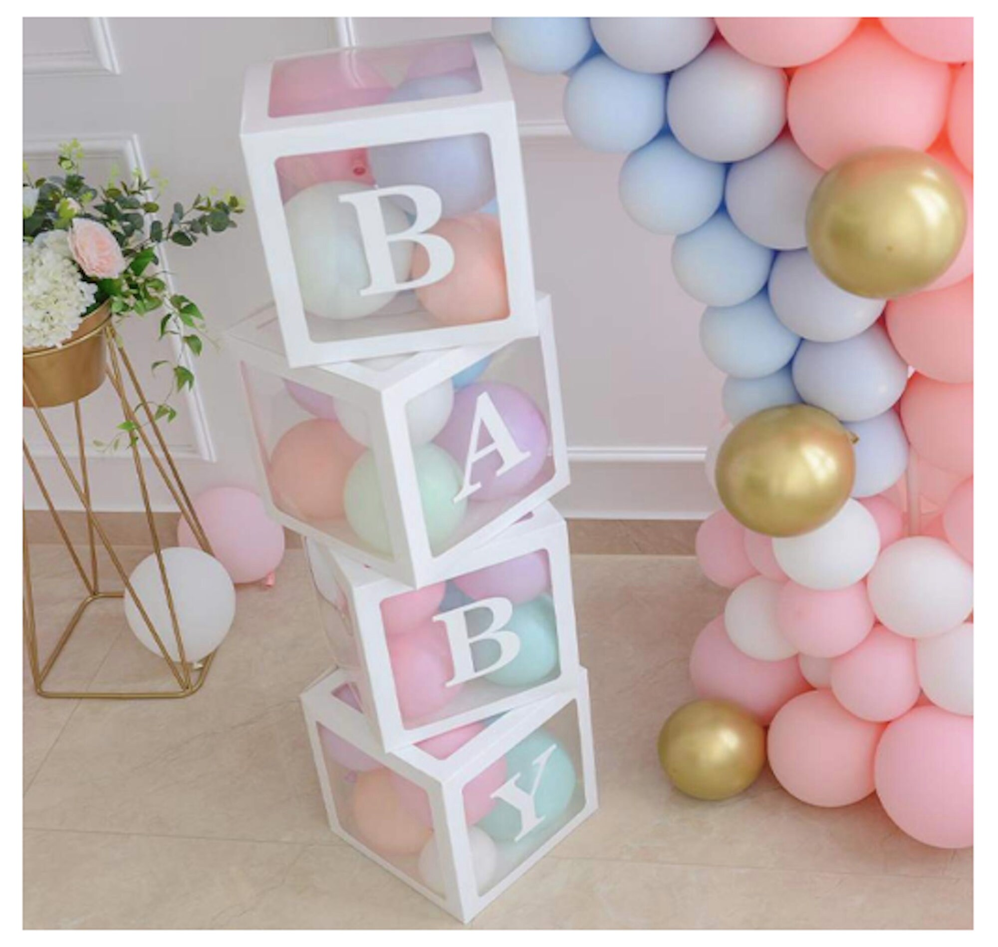 Baby Shower Decorations for Boy Girl New Born Baby 4 Baby Shower Boxes 60  Balloons 4 String LED Lights Boy Baby Shower Decorations 