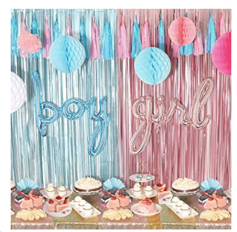 Metallic Tinsel Foil Fringe Curtains 3.2 ft x 6.6 ft Baby Shower Gender Reveal