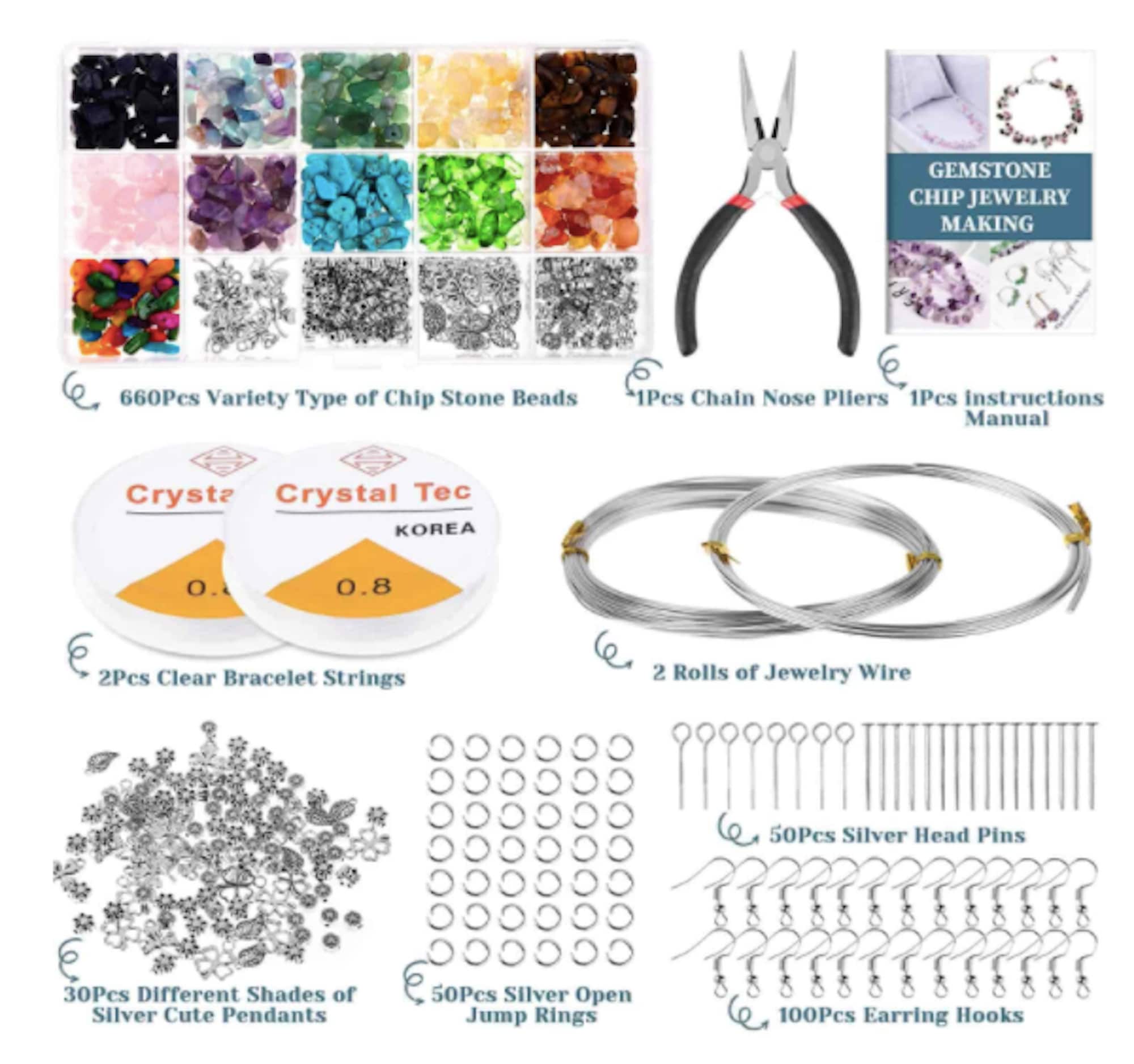 Crystal Jewelry Making Kit With Gemstone Chip Beads, Jewelry Wire, Pliers  and Other Jewelry Ring Making Supplies, 1660pcs by Fablise Craft 