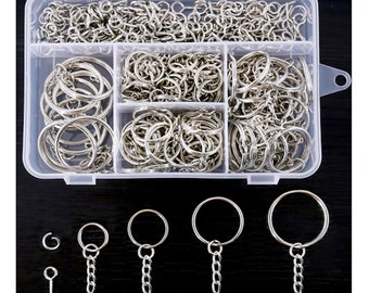 300 Silver Key Chain Rings Kit  Keychain Rings Chain 100 Jump Ring 100 Screw Eye Pins Jewelry Findings 3/5 Inch 4/5 Inch 1 Inch 6/5 Inch