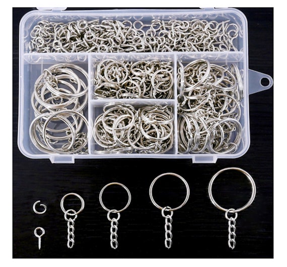 300 Silver Key Chain Rings Kit Keychain Rings Chain 100 Jump Ring 100 Screw  Eye Pins Jewelry Findings 3/5 Inch 4/5 Inch 1 Inch 6/5 Inch