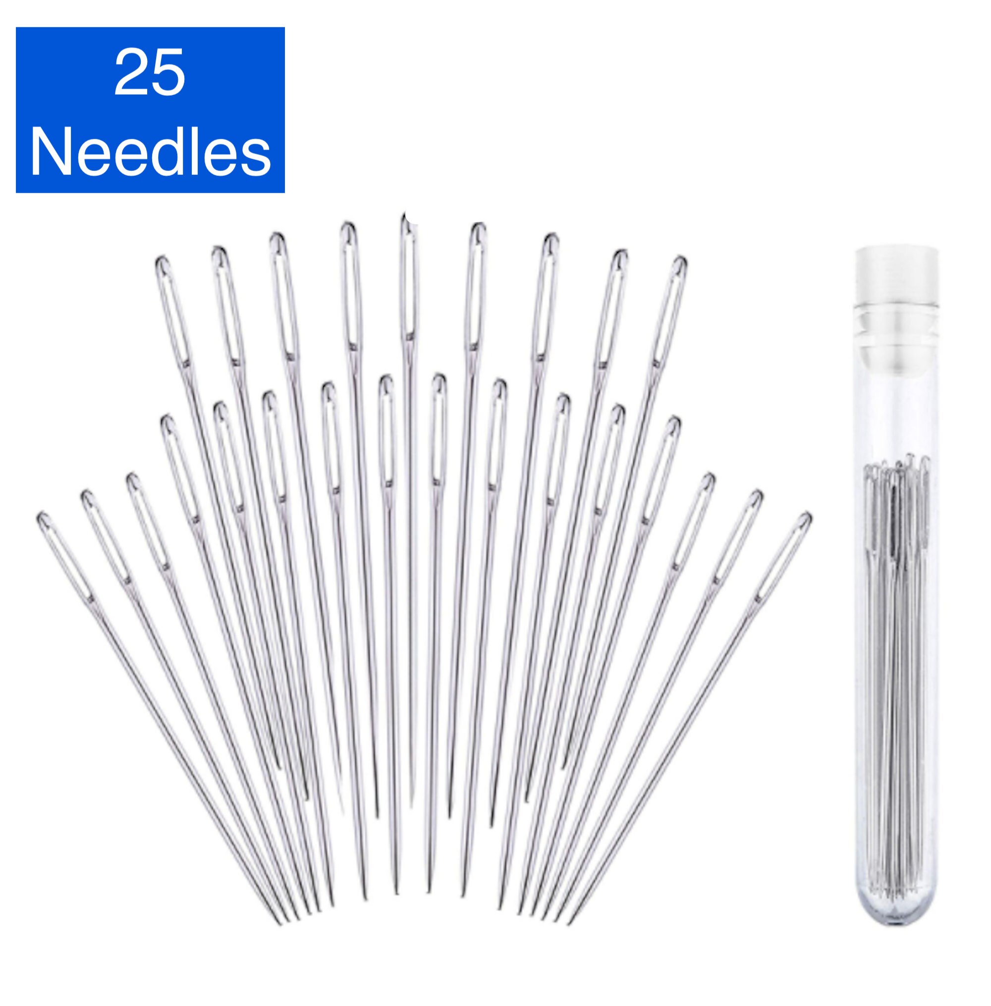 25 Large Eye Stitching Needles - 5 Sizes Big Eye Hand Sewing Needles in Clear Storage Tube