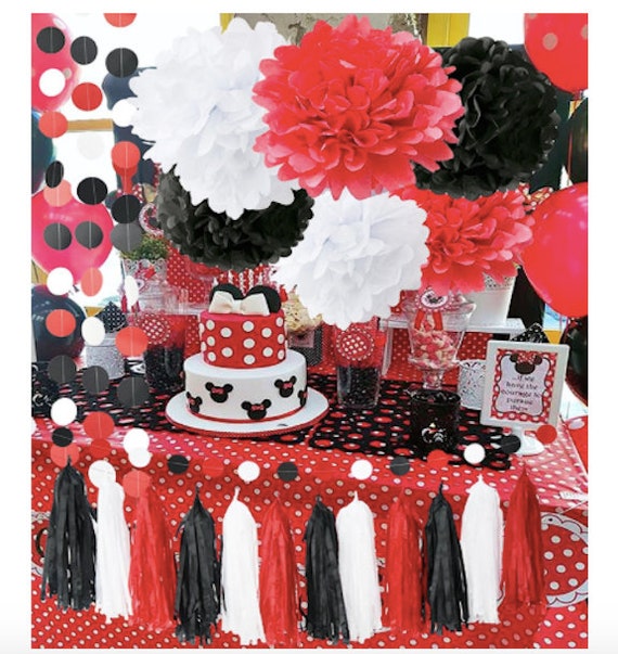 Minnie Mouse Party Decorations White Black Red Ladybug Birthday Tissue Paper Pom Pom Tassel Garland Decorations First Birthday Girl