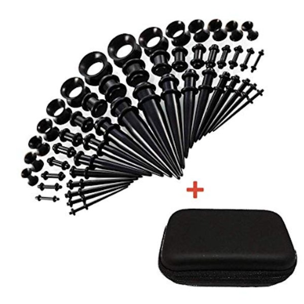 50 Black Ear Stretching Kit 14G-00G Ear Gauges Expander Set Acrylic Tapers Plugs Silicone Tunnels Body Piercing Jewelry