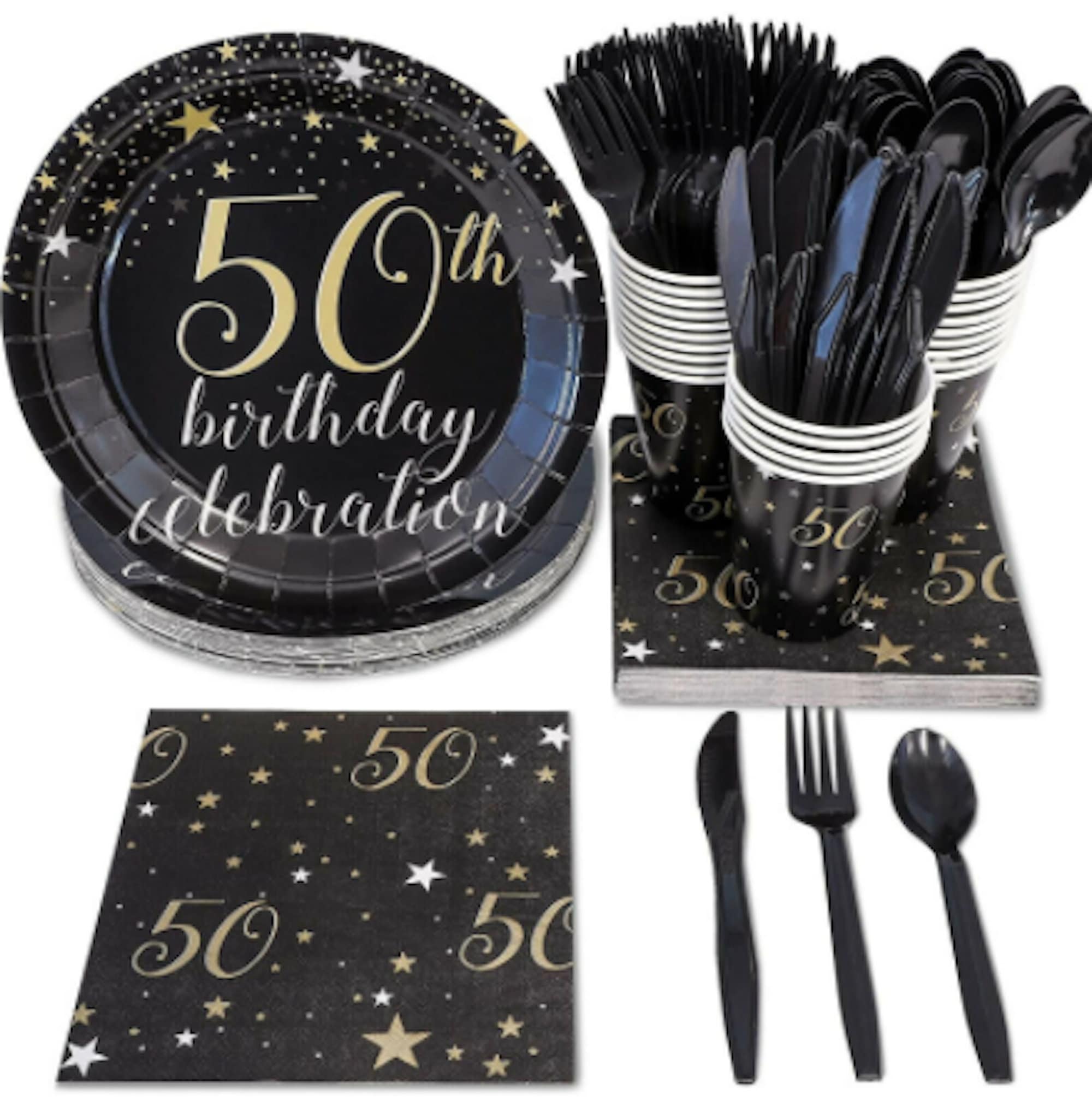 9 Dinner Paper Plates 7 Dessert Paper Plates 9 oz Cups 3 Ply Napkins 50th Birthday Party Supplies and Decorations for Men and Women 50th Birthday Plates and Napkins and Cups Sets Serves 30 