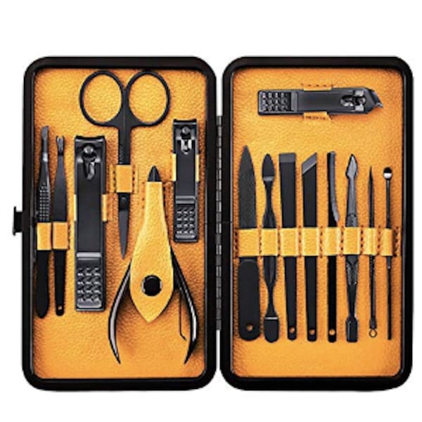 Manicure Set Men Grooming Kit Woman Grooming Set Stainless Steel Professional Pedicure Kit Nail Grooming Kit Clippers Kit Black PU Leather