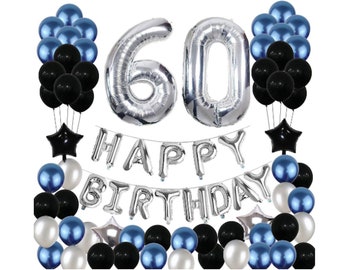 60th birthday decorations Silver Blue 60th Party Decorations Happy Birthday Banner Black Balloons Silver Balloons 60th Birthday Party