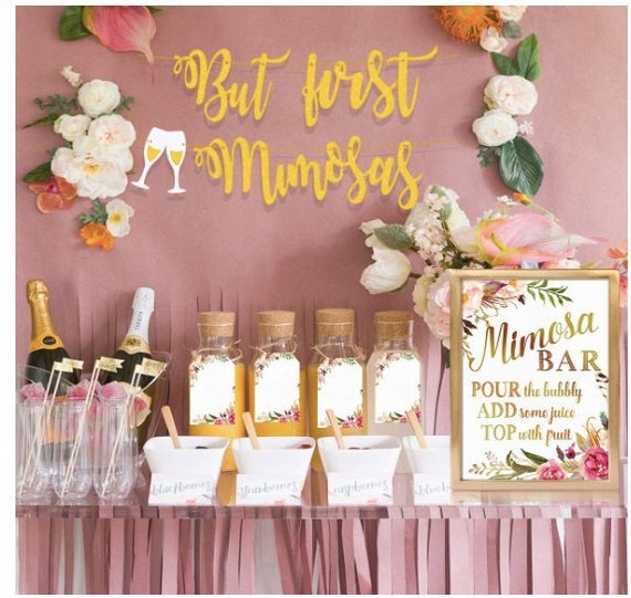 Momosa Bar Supplies Kit - Floral Momosa Bar Sign - Blush Pink Table Place Cards - Bridal Shower, Graduation Party, Bubbly Bar, Mimosa Bar, Birthday