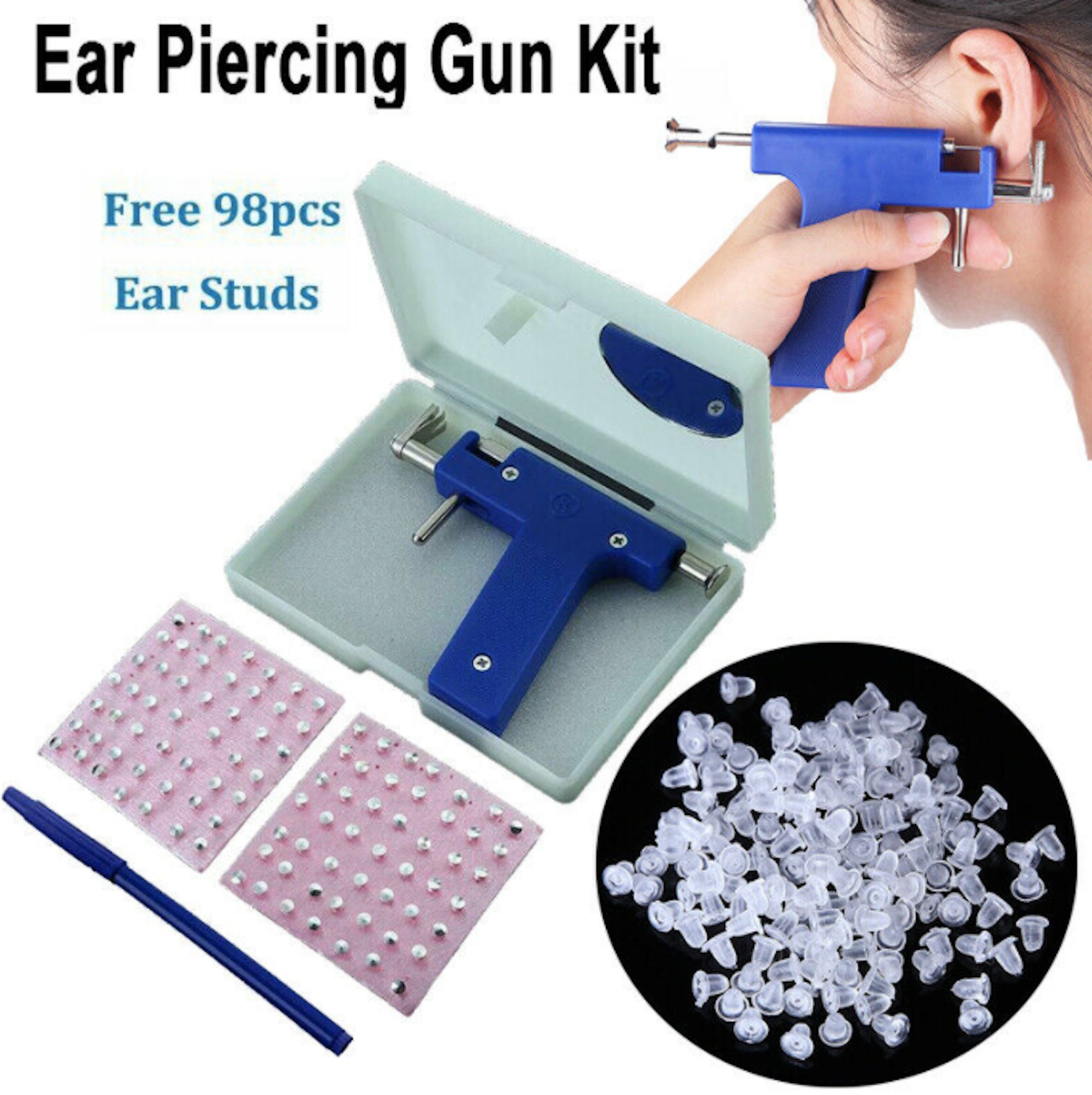 Steel Ear Body Piercing Gun Professional Lips Piercing Kit Tool Kit Set  Steel Ear Body Lips Nose Navel Body Piercing Gun With 98 Pair Studs -   Hong Kong