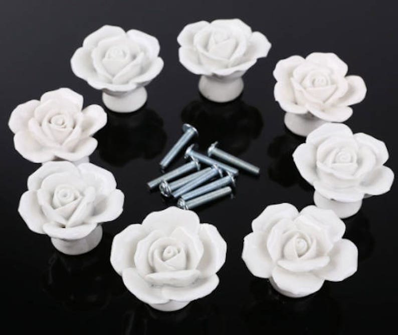 8 White Rose Knobs Ceramic Vintage Floral White Rose Pull Knobs