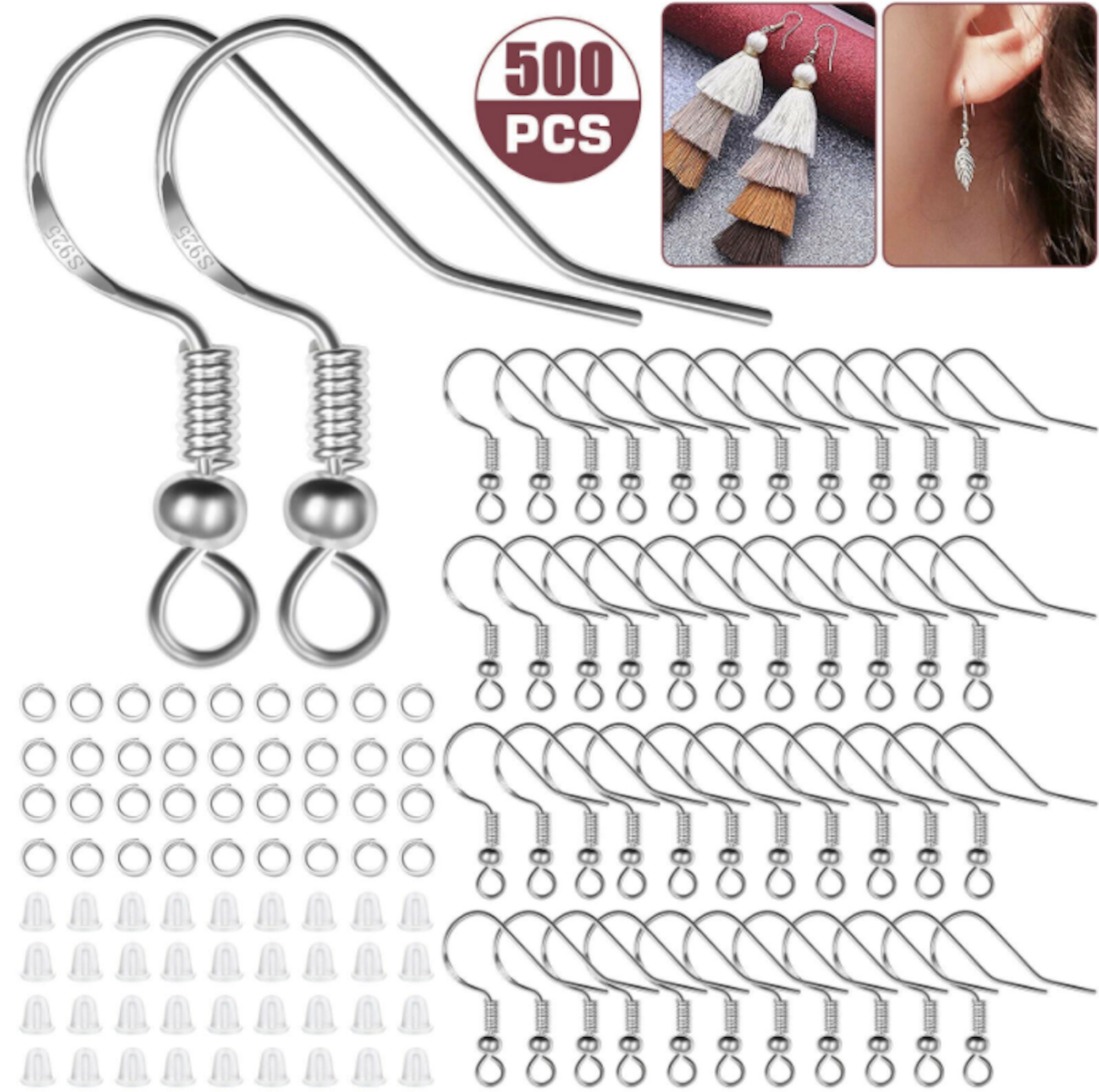 925 Sterling Earring Hooks | 600 PCS Kelofty Fish Hook Earrings Making Kit  with Rubber Earring Backs Stoppers & Open Jump Rings, French Ear Wires Fish