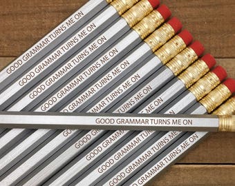 Good Grammar Pencils Set, Literary Pencils, Funny Pencil Set, School Supplies, Engraved Pencils, Back to School, Good Grammar Turns Me On