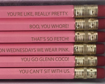 Mean Girls Pretty Fetch, Pastel Pink Pencils, Boo you whore, Can't sit with us, Set of 6 engraved pencils