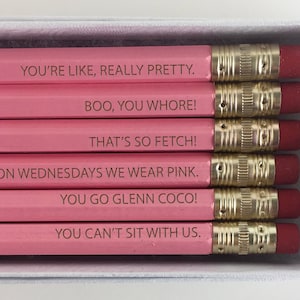 Mean Girls Pencils: Engraved Pastel Pink Pencils, Set of 6