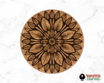 Engraved Cork Trivet: Elegant Bloom Design, Kitchen Decor