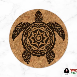 May include: Round cork coaster featuring a black turtle design with intricate patterns. The turtle's shell has a central starburst design. The coaster is made of natural cork material and is suitable for drinks.