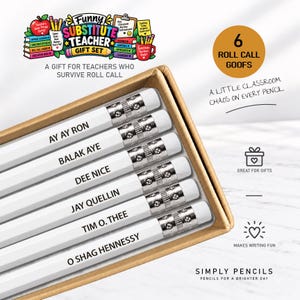 May include: A set of six white pencils in a brown cardboard box. Each pencil features a silver metal ferrule with a white eraser and is printed with a unique name: AY AY RON, BALAK AYE, DEE NICE, JAY QUELLIN, TIM O. THEE, and O SHAG HENNESSY.