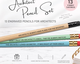 May include: A set of 13 engraved pencils for architects featuring funny sayings. The pencils are natural wood, light green, and light blue with black text. Visible phrases include Architects always have plans for the weekend, Don't trust an architect's jokes... they're always sketchy, and The architect loved geometry... it was right up their angle.