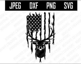 Shield Shaped Tattered American Flag and Deer Head SVG