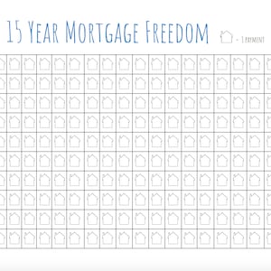 May include: A visual representation of a 15-year mortgage payoff plan. The image shows 180 small house icons arranged in a grid, representing one monthly payment for each month of the mortgage term. The text "15 YEAR MORTGAGE FREEDOM" is at the top of the image, and "1 PAYMENT" is next to a single house icon in the top right corner.
