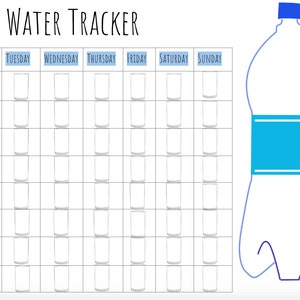 May include: A printable water tracker with a grid for each day of the week, labeled Monday through Sunday. The grid is divided into sections labeled "glasses". A blue water bottle is shown on the right side of the page.