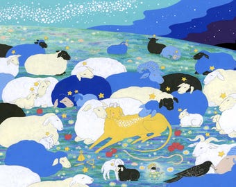 May include: A whimsical illustration of sheep in a field under a starry sky. The sheep are depicted in various colors, including white, blue, and black, with some adorned with crowns and stars. A golden lion-like creature is also present.