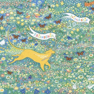 May include: A colourful illustration shows a yellow dog with a banner reading "friendship" in a field of flowers and butterflies. The artwork features a vibrant colour palette with various flora and fauna, including birds and rabbits.