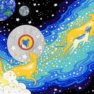 以下が含まれることがあります： LAIKAの文字が書かれたロケット、LAIKAという名前と犬のシルエットが描かれた円形のエンブレム、地球、月、そして青と黄色の星が散りばめられた星雲の中を飛び跳ねる3匹の犬が描かれた、色鮮やかな宇宙のイラストレーション。