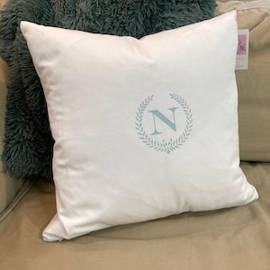 Single Monogram With Laurel Wreath  Pillow with feather insert 18"x18"