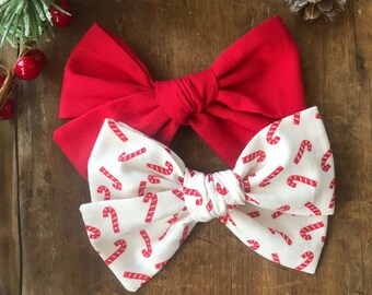 Christmas Hair Bows, Candy Cane Hair Bow, Red Hair Bow, Girls Holiday Bows, Newborn Headband Bow, Toddler Girl Gift, Fabric Hair Bow