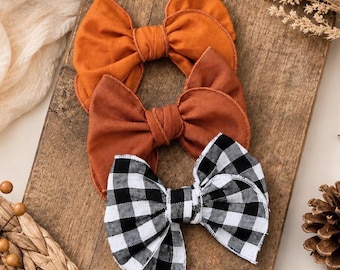 Pumpkin Orange Bow, Buffalo Plaid Hair bow, Fall Hair Bow, Rust Hair Clip, Rust Baby Bow,Autumn Hair Bow, Gingham Hair Bow, fable hair bow,